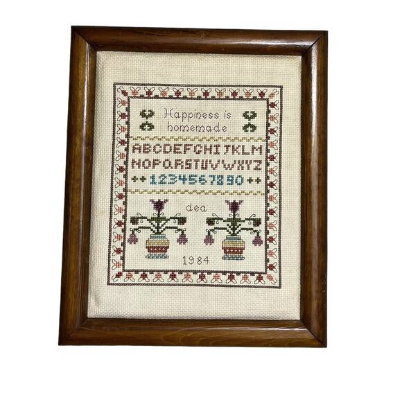 Vintage Cross Stitch Sampler Framed 1984 Brown Happiness Is Homemade Cottage - Picture 1 of 3